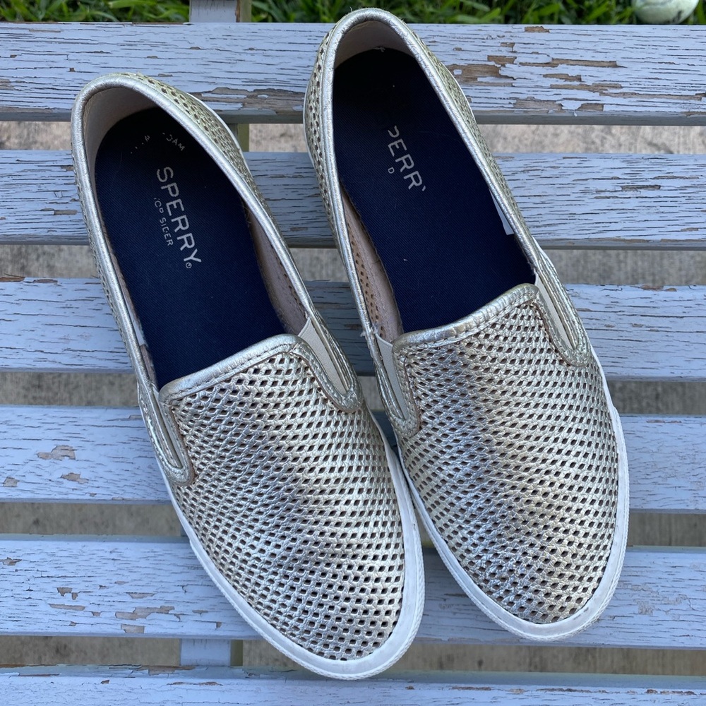 Sperry metallic gold perforated leather slip-on, size 8